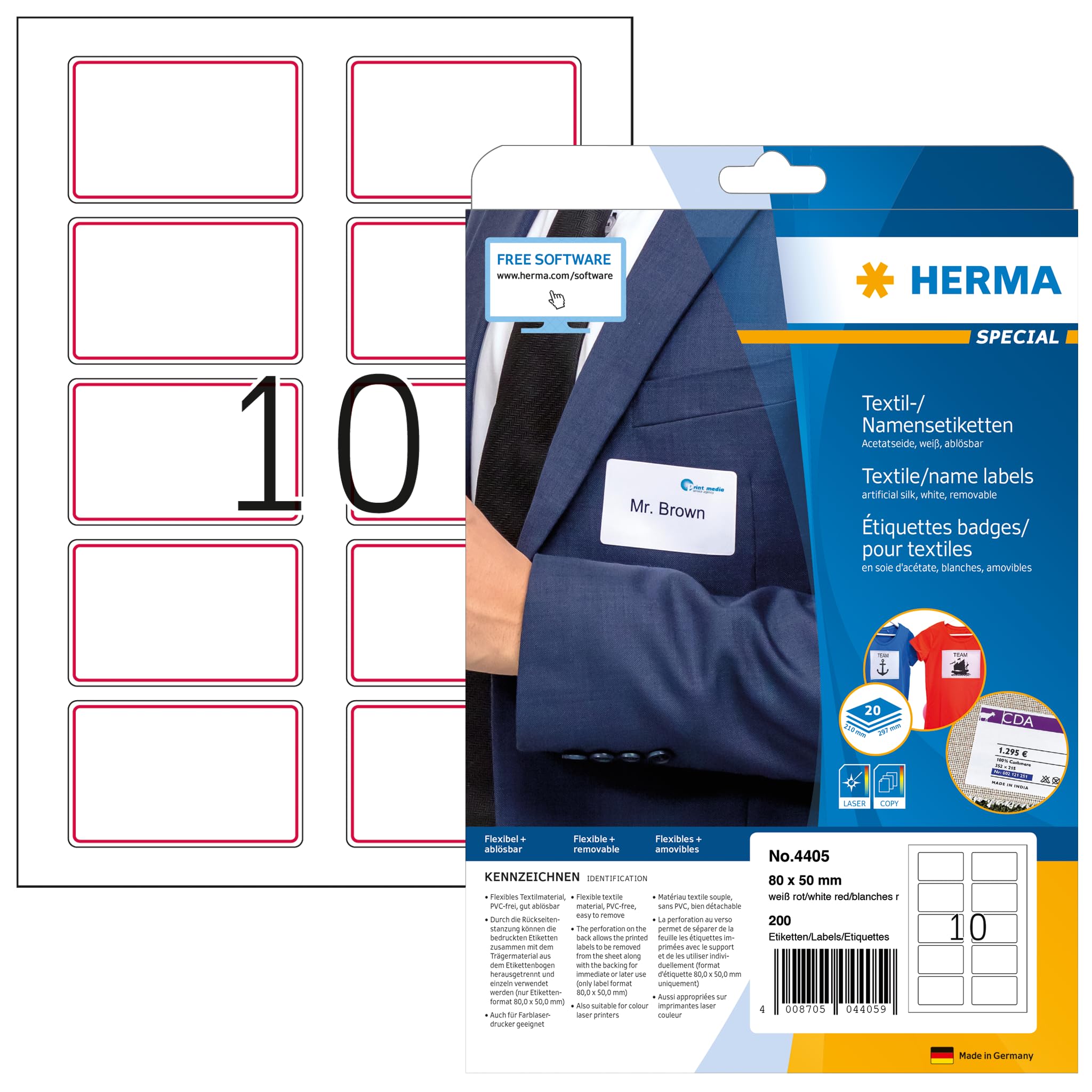 HERMA Self Adhesive Clothing Labels, 10 Labels per A4 Sheet, 20 Sheets, 80 x 50 mm, 200 Labels, Blank Removable Name Labels Stickers, Sticky Textile Labels for Laser & Inkjet Printer, White