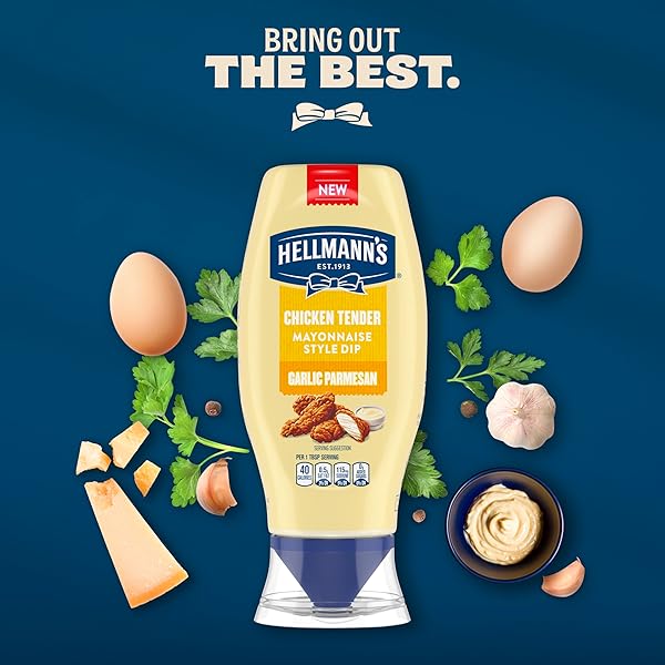 HELLMANN’S GARLIC PARMESAN CHICKEN TENDER MAYONNAISE STYLE DIP GARLIC PARMESAN DELICIOUS FLAVOR NO ARTIFICIAL FLAVORS 11.5 FL OZ