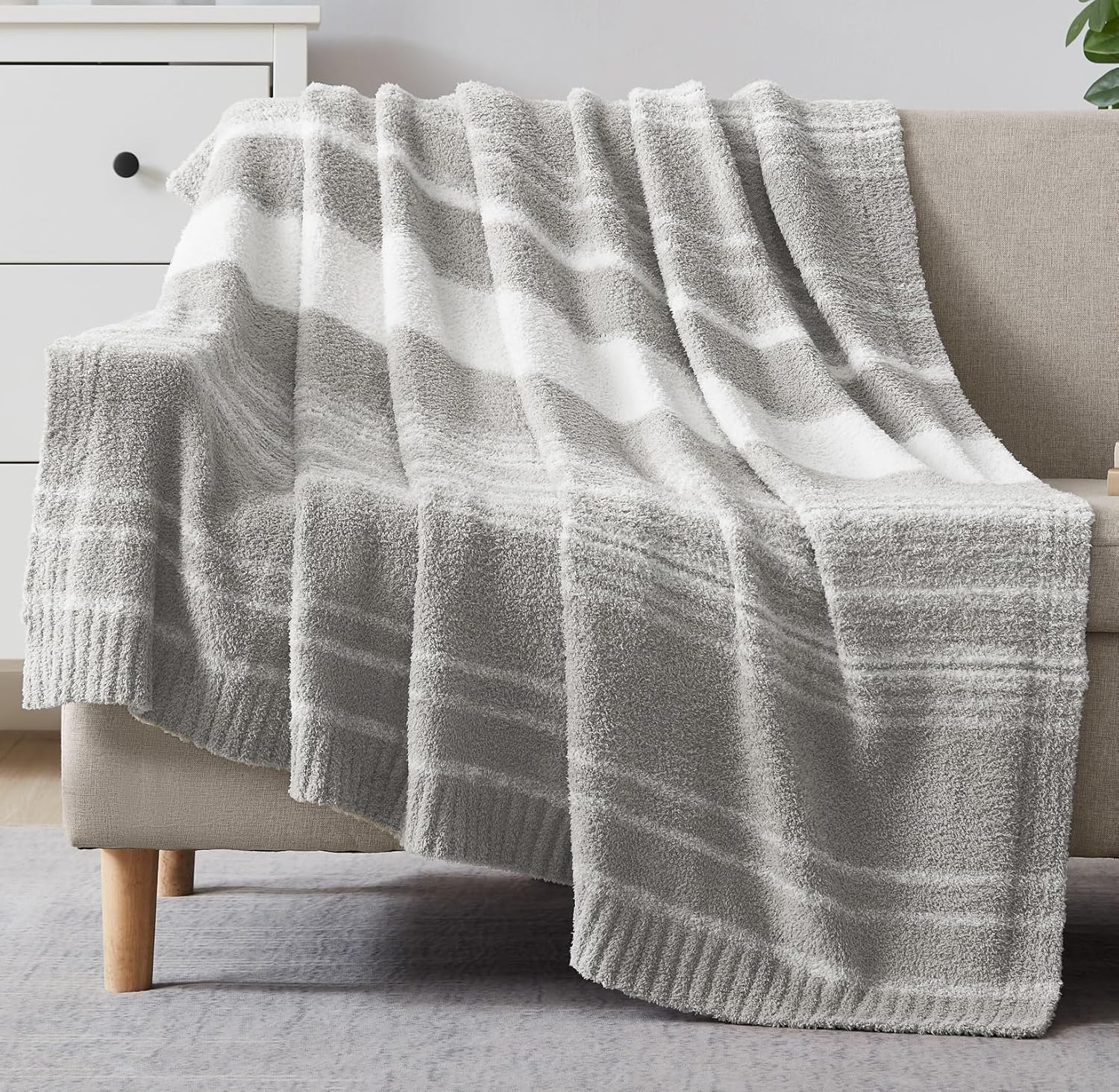Photo 1 of WRENGONGE Light Grey Throw Blanket, 50x70 Soft Cozy Striped Throw Blankets for Couch, Sofa, Bed, Travel, Lightweight Fluffy Warm Plush Decorative Blankets for Women, Men,Kids Gift