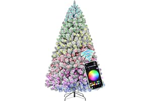HOLLO STAR 6 ft Flocked Prelit Christmas Tree with 350 LED Lights, App Control, Artificial Christmas Tree, Multi-Color RGBW Lights, 947 Branch Tips, Snow Xmas Tree, for Home, Party