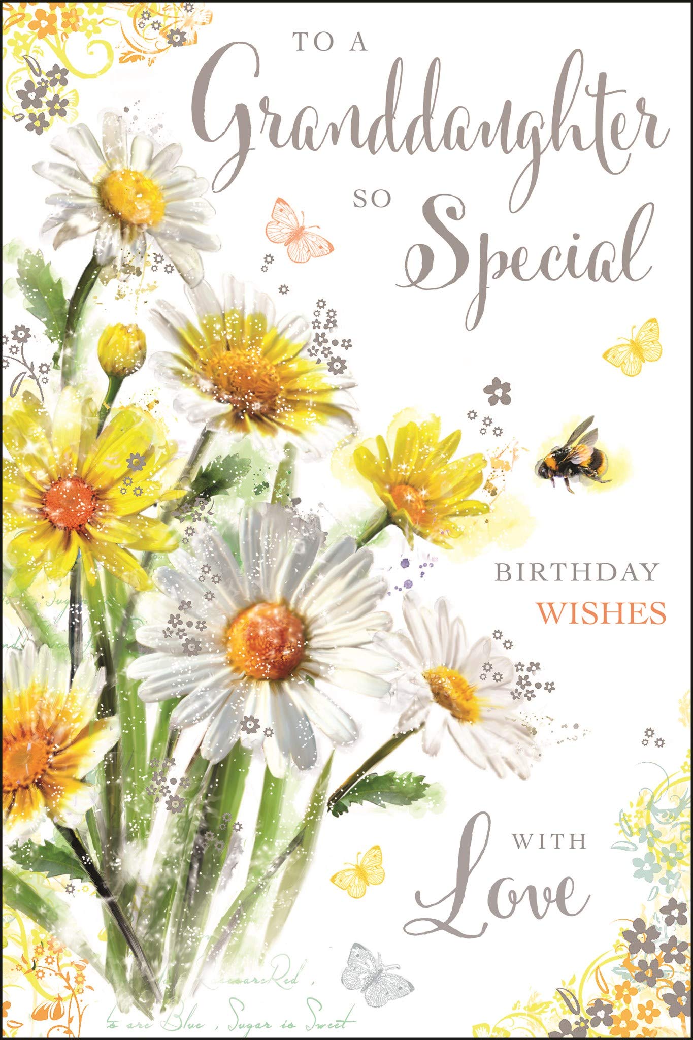 Secret Garden Jonny Javelin Granddaughter Birthday Card (JJ-SG12) - Artistic Daisies and Bee Range - Foil & Flitter Finish