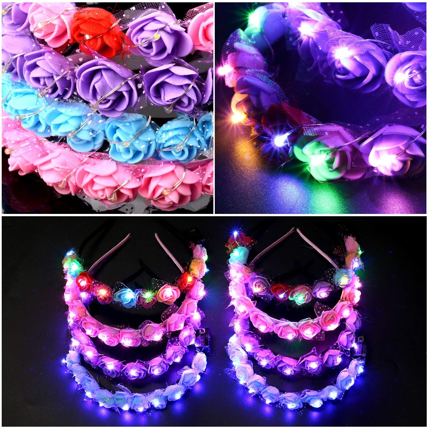 Legendog 8PCS Led Headband, Fashion Faux Flower Headbands for Women, Light Up Flower Headband, Led Flower Headband for Kids Teens Girls Women Birthday Wedding Holiday Christmas Halloween Party