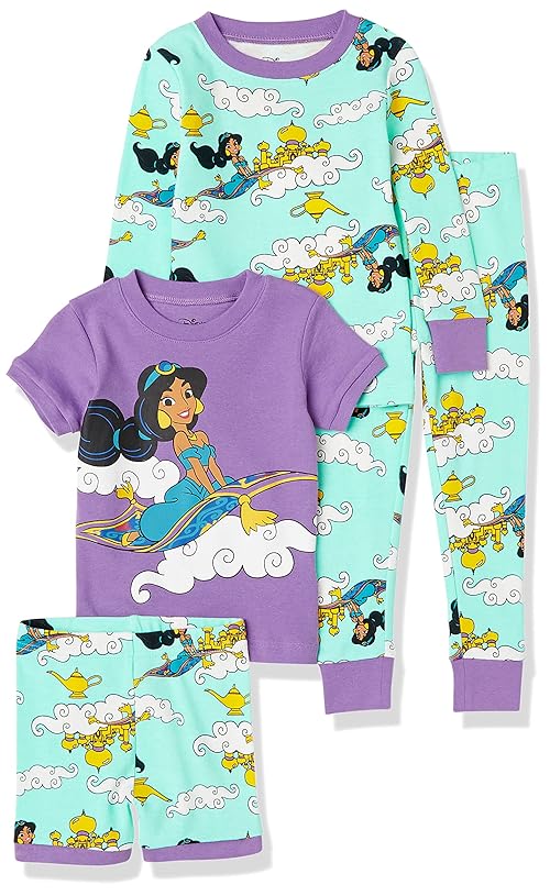 Spotted Zebra Disney | Marvel | Star Wars | Frozen | Princess Girl's Snug-Fit Cotton Pajama Sleepwear Sets, Pack of 4, Princess Jasmine, 3T