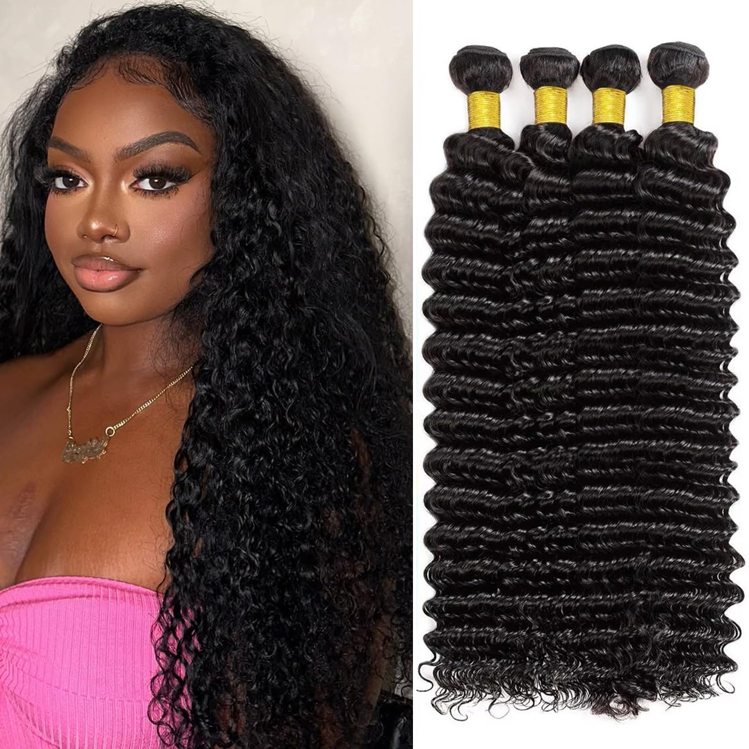 Photo 1 of 10A Deep Wave Bundles Human Hair 14 16 18 20 Inch Brazilian Virgin Curly 4 Bundles Human Hair 100% Unprocessed Virgin Remy Hair Natural Black Water Wave Human Hair Extensions