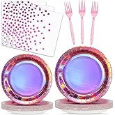 96Pcs Iridescent Pink Party Decorations Iridescent Theme Tableware Set Hot Pink Holographic Paper Plates Napkins Fork for Birthday Dinnerware Girls Women Mermaid Disco Shiny Laser Supplies 24 Guests