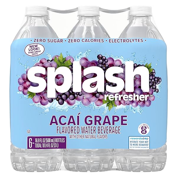 SPLASH REFRESHER FLAVORED WATER BOTTLES, ACAI GRAPE FLAVOR – 6-PACK, 16.9 FL OZ – REFRESHING FLAVORED BOTTLED WATER WITH ELECTROLYTES – ZERO SUGAR & ZERO CALORIES