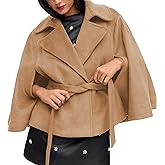 VATEAMI Batwing Sleeve Poncho Pea Coats for Women Oversized Wool Blend Cropped Cape Jacket with Belt Cloak Winter Overcoat