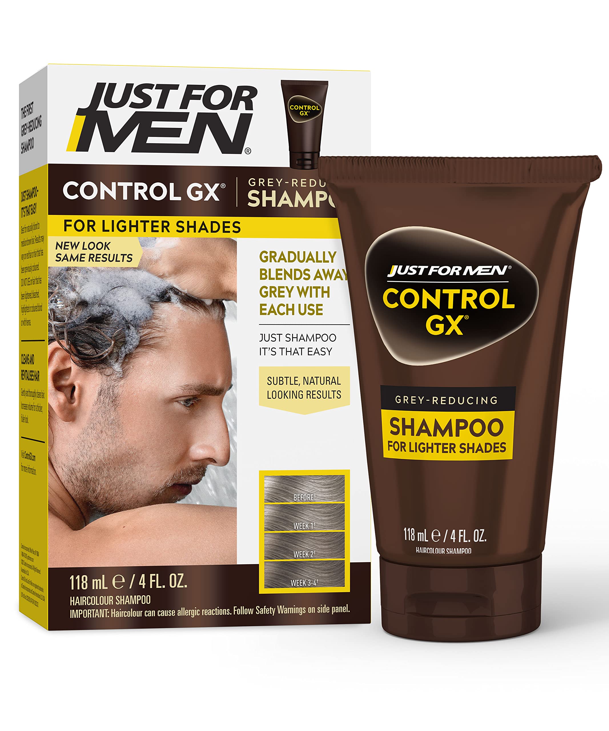SHAMPOO Just for Men Control GX Grey Reducing for Lighter Shades of Hair, Blonde to Medium Brown, Gradual Hair Color with Keratin, 4 Fl Oz - Pack of 1 (Packaging May Vary)