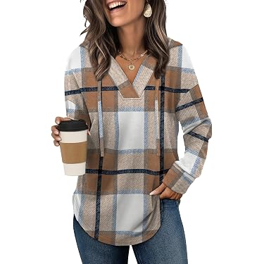 Women's Oversized Plaid Hoodie Sweatshirt - Long Sleeve, V-Neck, Loose Fit, Gray XL