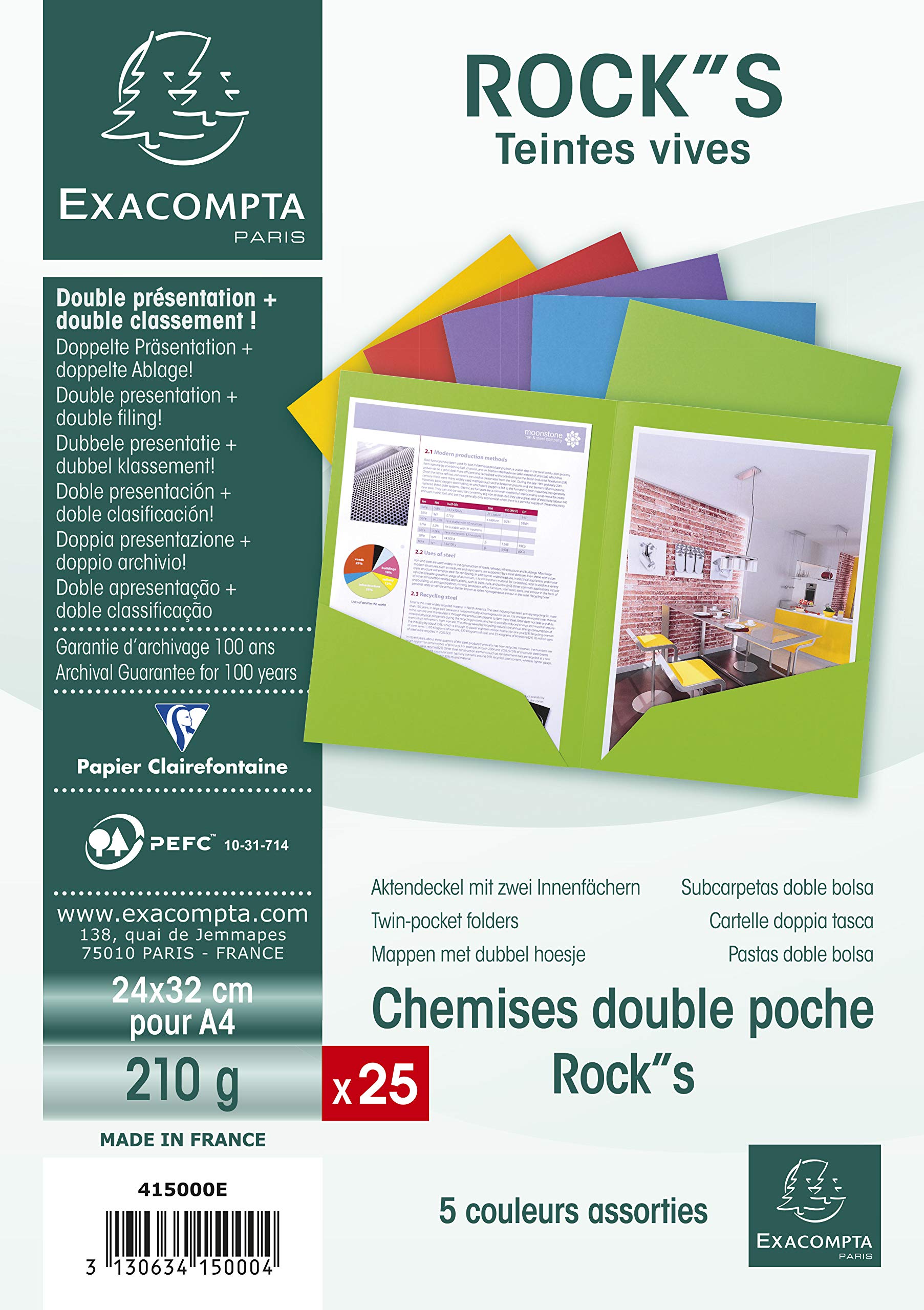 Exacompta - Ref 415000E - Rocks Collection - Double Pocket Folders - 240 x 320mm in Size, Suitable for A4 Documents, 210gsm Material - Assorted Colours (Pack of 25)