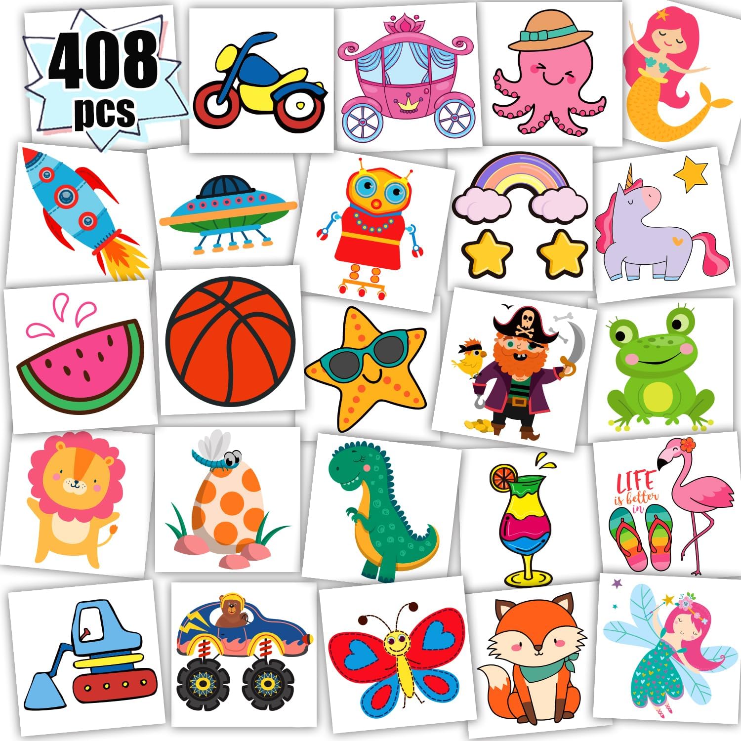 Leesgel 408 Sheets Individual Temporary Tattoos for Kids, Reward Stickers for Children, Mixed Fake Tattoo-Dinosaur Mermaid Pirate for Boys Girls Party Bag Fillers Birthday Toys