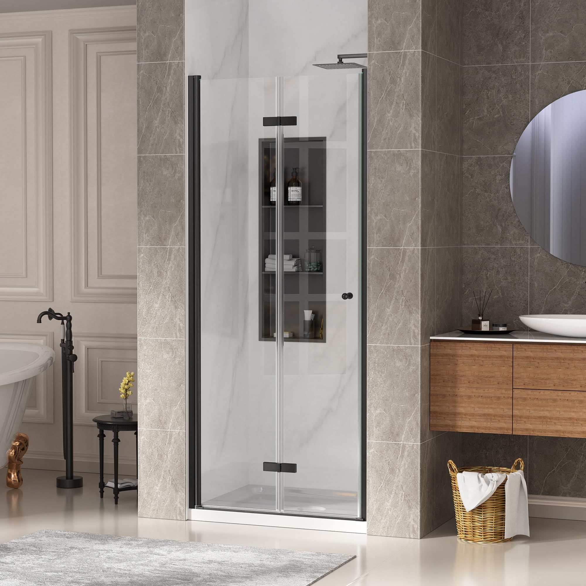 Photo 1 of *** missing parts  used***Bifold Shower Door, 35-36" W × 72" H Frameless Bathroom Glass Folding Shower Doors, Reversible Installation, 1/4" (6mm) Clear Tempered Glass Door for Walk-in Shower, Matte Black