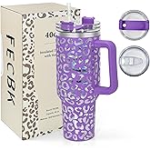 FECBK 40 oz Tumbler with Handle and Straw, 100% Leak-Proof Travel Mug, Stainless Steel Double Wall Vacuum Insulated Coffee Cup Keeps Cold For 34 Hours, Dishwasher Safe, Purple Leopard