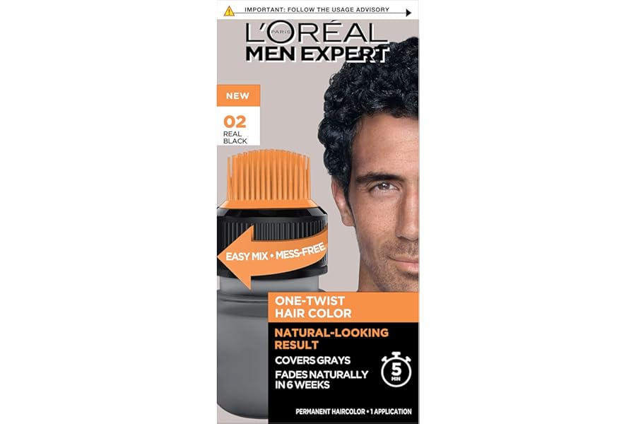 L’Oreal Paris Men Expert One Twist Mess Free Permanent Hair Color, Mens Hair Dye to Cover Grays, Easy Mix Ammonia Free Application, Real Black 02, 1 Application Kit