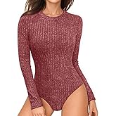 MANGOPOP Women's Long Sleeve Bodysuit Crew Neck Sweater Slim Fitted Body Suit Thermal Fleece Ribbed Knit Fall Tops 2025