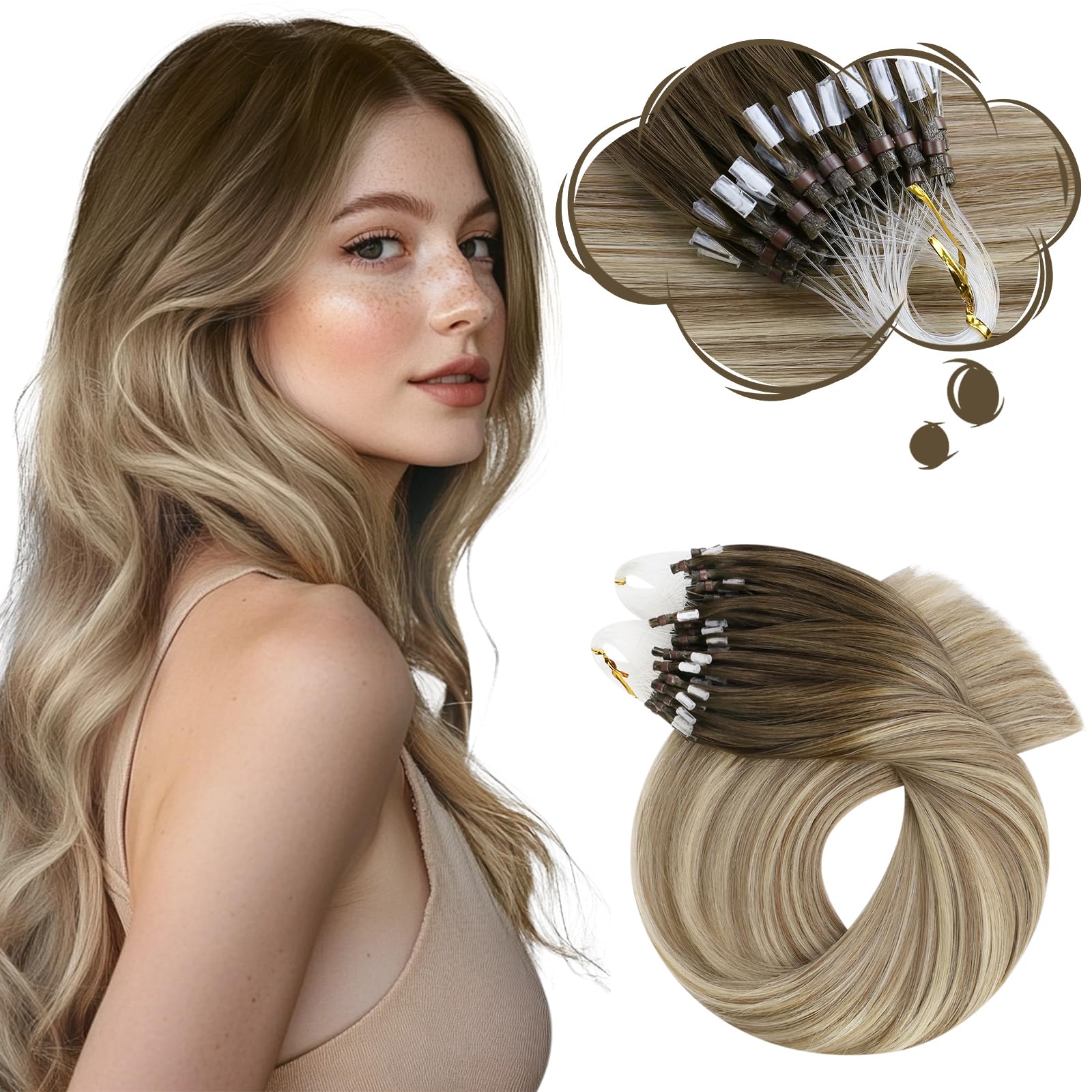 Moresoo Micro Loop Hair Extensions Real Human Hair Brown Root to Chestnut Brown with Medium Blonde Micro Beads Human Hair Extensions 1g/s 50g/Pack 14 Inch #3/8/22 — image 1
