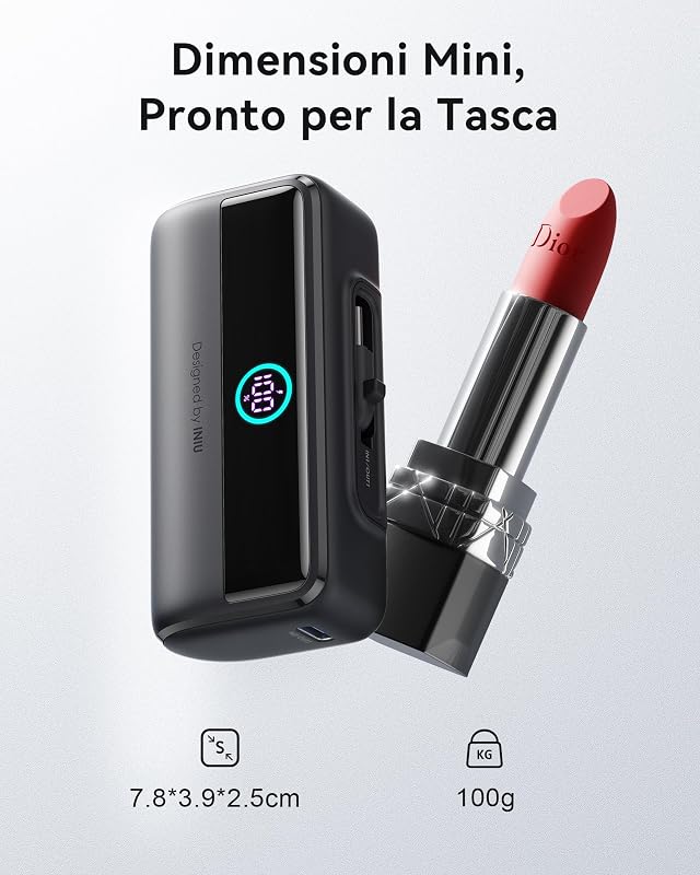 22.5W 5500mAh Power Bank Mini, Caricatore Portatile Pieghevole PD USB-C, Ricarica Rapida Batteria Esterna Mini Powerbank con LED Display iPhone 16 15 14 13 Pro Max Samsung S23 iPad