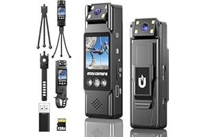 Asdraw 128GB Body Camera 4K HD Police Body Cam Portable Mini Body Camera 180° Rotatable Lens 1200mAh 6H Battery, 1.3" LCD, Flash Light for Cycling, Daily Records, Delivery/Serving Jobs