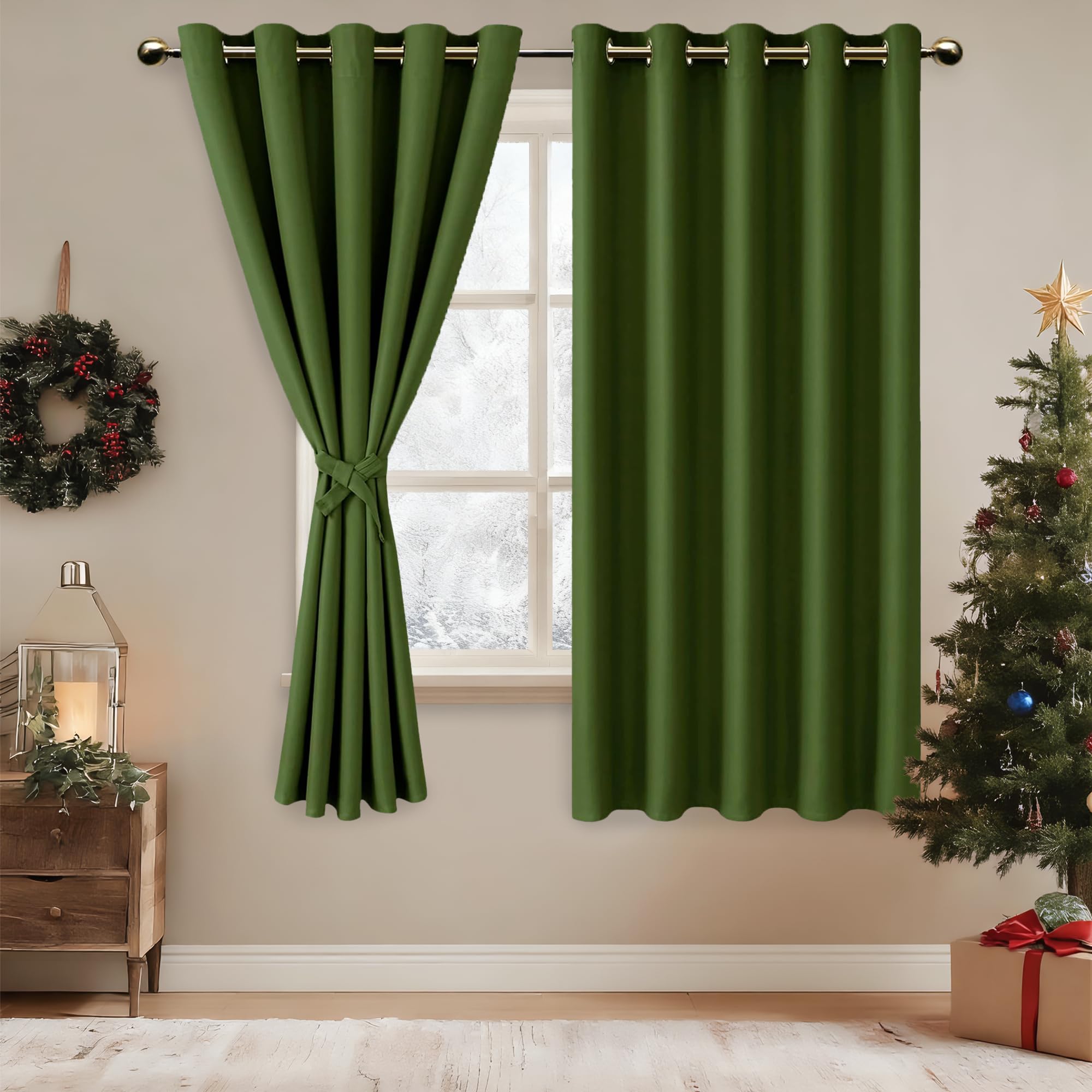 DWCN Green Blackout Curtains with Tiebacks for Bedroom Thermal Insulated Solid Eyelet Curtains for Living Room,2 Panels,66" Wide x 72" Drop