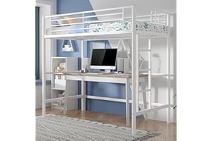 VECELO Metal Loft Bed Twin Size, Heavy Duty Bedframe with Removable Ladder and Safety Guardrail, Space-Saving, Noise Free, No Box Spring Needed, White