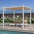 PURPLE LEAF 10' x 10' Outdoor Aluminum Pergola White Heavy-Duty Retractable Pergola Patio Metal with Double Sun Shade Canopy and String Lights for Backyard Gardens Deck, Khaki