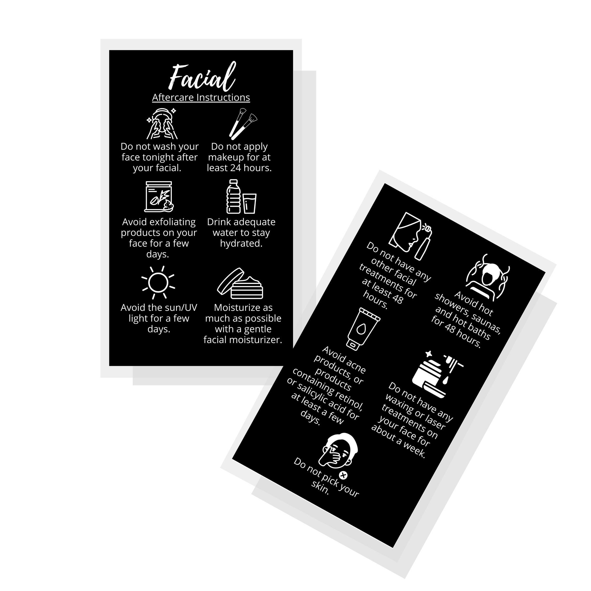 Boutique Marketing LLC Aftercare Cards 50 Pack Size 2 x 3.5” inches Business Card Size Boutique Marketing LLC PMU Aftercare Instructions Black with Icons Design Black, White
