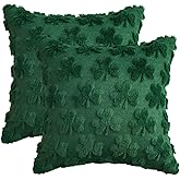 AVOIN colorlife St Patricks Day Shamrock Throw Pillow Covers Set of 2, 18 x 18 Inch Lucky Clover Decoration Green Soft Plush Faux Fur Jacquard Pillow Case for Bedroom Sofa Couch