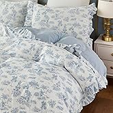 Brandream French Country Garden Toile Floral Duvet Quilt Cover King Size 100% Cotton Bedding Set Toile Tapestry Pattern Blossom Tree Branches Delicate Ruffle Fringe Design