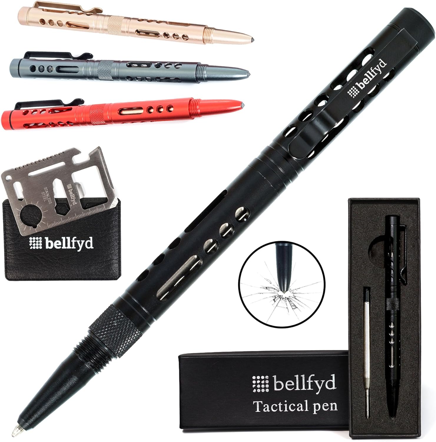 BellFyd Tactical EDC Pen with Glass Breaker - Metal Personal Protection Multitool Pack - New Gifts For Outdoors Travelers Guys - Rugged Survival Pens Black For Men Multi Tool Set with Ball Point Pens