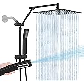 All Metal 10 Inch Rain Shower Head with Handheld Spray Combo, High Pressure Waterfall Rainfall Square Shower Heads with 16" Adjustable Extension Arm, Dual Showerhead with 3-Way Diverter, Matte Black