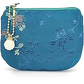 Handmade Women Coin Purse Silk Rosary Bag Jewelry Pouch Brocade Zipper Wallet - SteelBlue