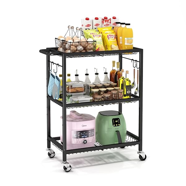 3-TIER ROLLING CART, SPACE-SAVING KITCHEN CART WITH 150LBS CAPACITY, BLACK STORAGE CART WITH 2 LOCKABLE WHEELS FOR KITCHEN ISLAND, RESTAURANT, GARAGE, BACKYARD（NO WOODEN BOARDS, LIGHTWEIGHT VERSION）