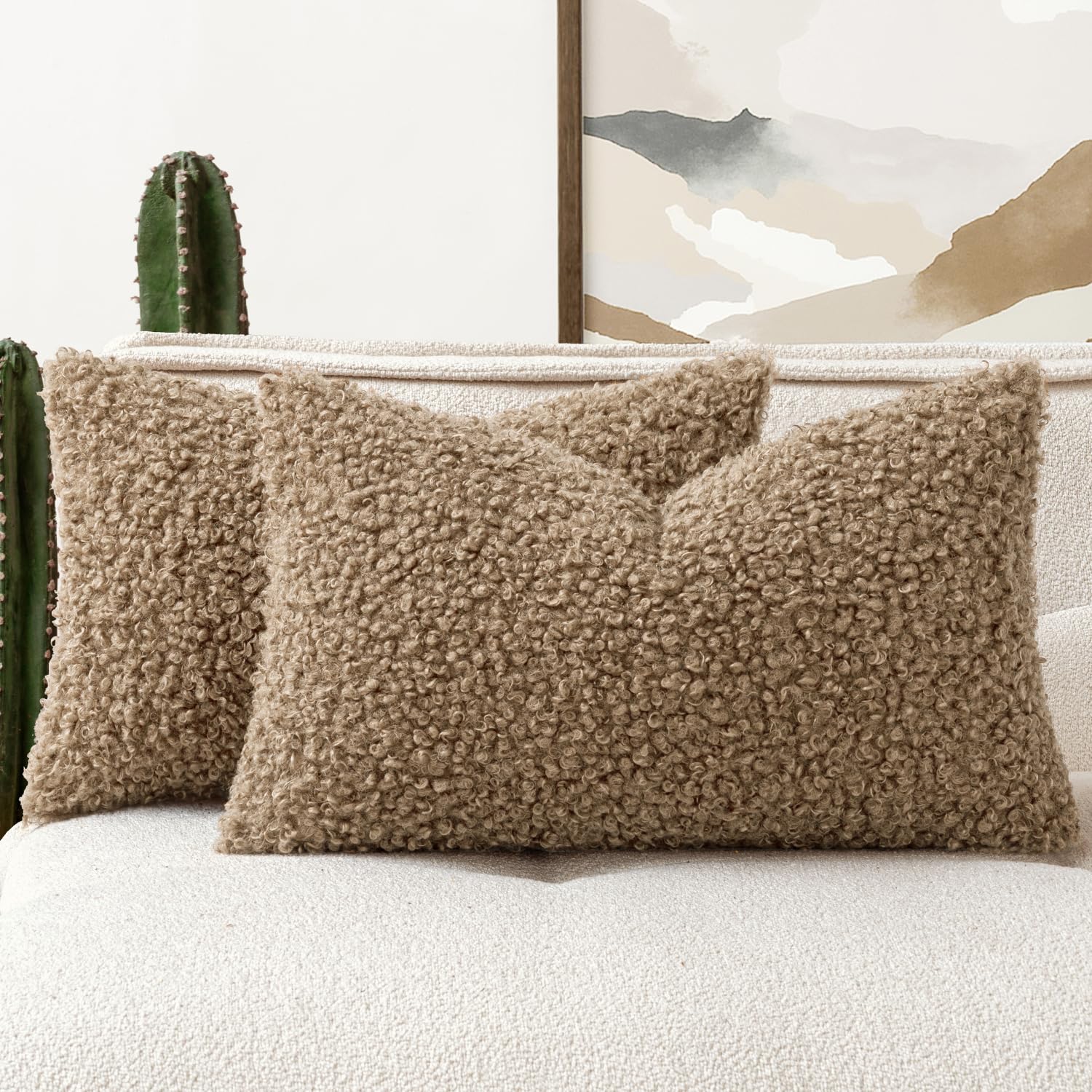 Photo 1 of Woaboy Faux Fur Throw Pillow Covers 20x12 Inch Set of 2 Boucle Neutral Decorative Lumbar Sherpa Fuzzy Accent Soft Sheepskin Fleece Cushions Modern Home Decor for Couch Sofa Bedroom Living Room,Khaki