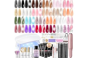 PEACECOLOR 52Pcs Poly Nail Gel Kit with Drill and U V Light 24 Colors Poly Nail Extension Gel with Cat Eye Nail Polish Glossy Matte Top Coat Nail Rhinestones Starter Kit Home Salon DIY Gifts for Women