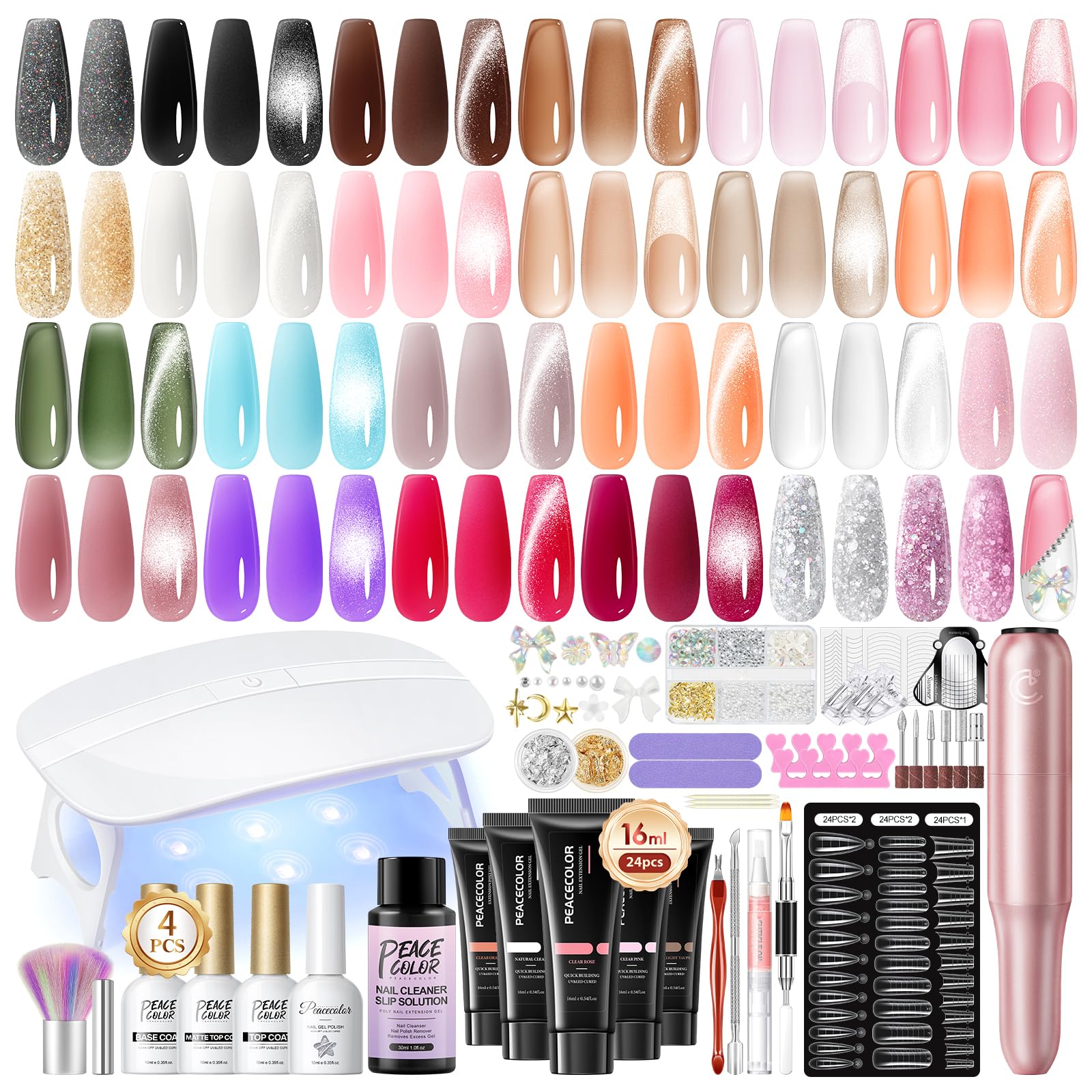 Photo 1 of PEACECOLOR 52Pcs Poly Nail Gel Kit with Drill and U V Light 24 Colors Poly Nail Extension Gel with Cat Eye Nail Polish Glossy Matte Top Coat Nail Rhinestones Starter Kit Home Salon DIY Gifts for Women