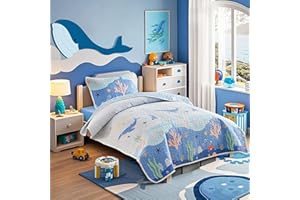 Joyreap 2 Pieces Twin Size Cotton Quilt Set, Ocean Theme Whales Blue Design, Cozy Lightweight Bedding Set Quilt Bedspread Bed Cover for for Kids Boys n Girls- 68x86 inches