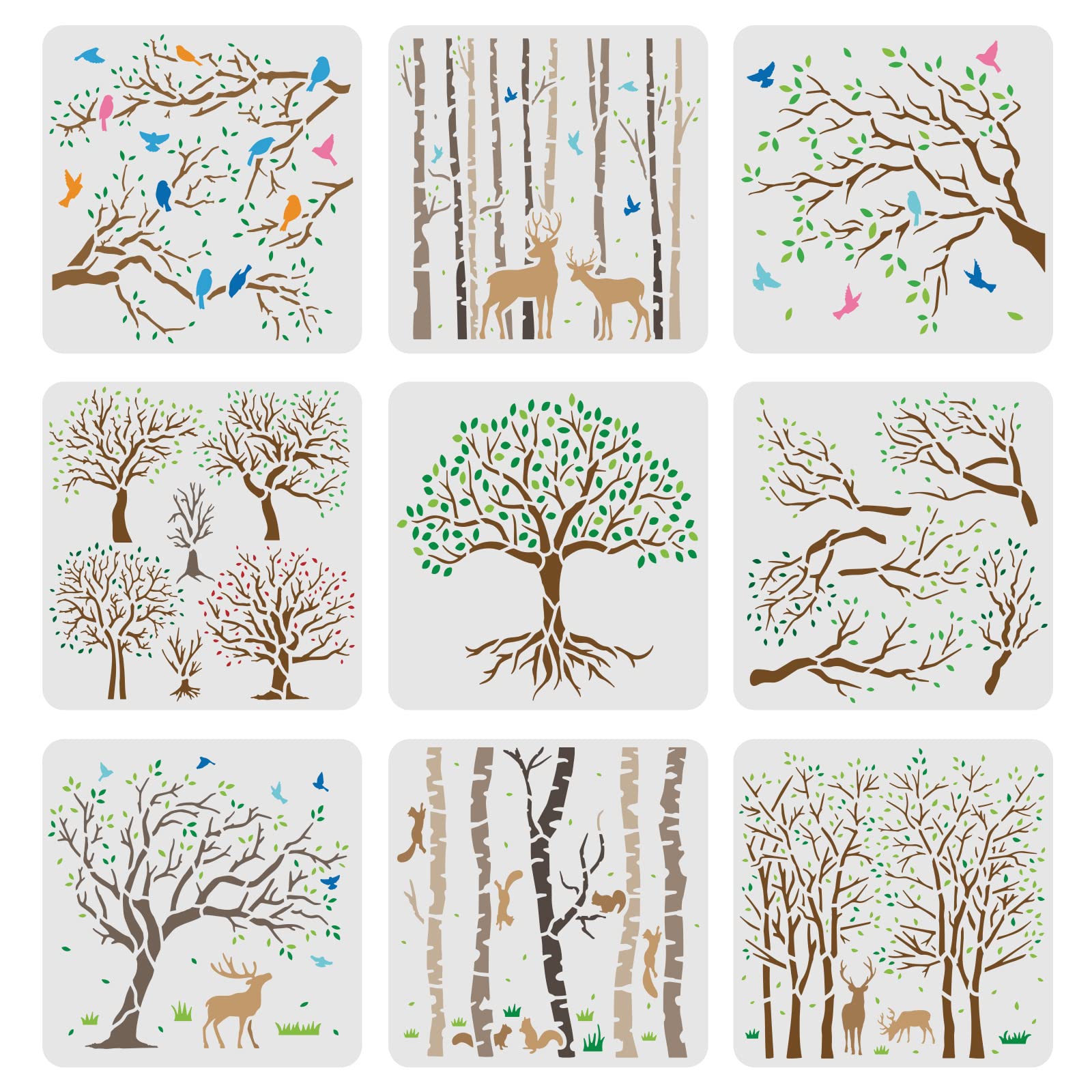 FINGERINSPIRE 9pcs Trees Stencils 20x20cm Aspen Trees/Life Tree Stencil Painting Stencil Reusable Tree and Flying Birds Stencils for Painting on Wood Canvas Paper Fabric Floor Wall Tile