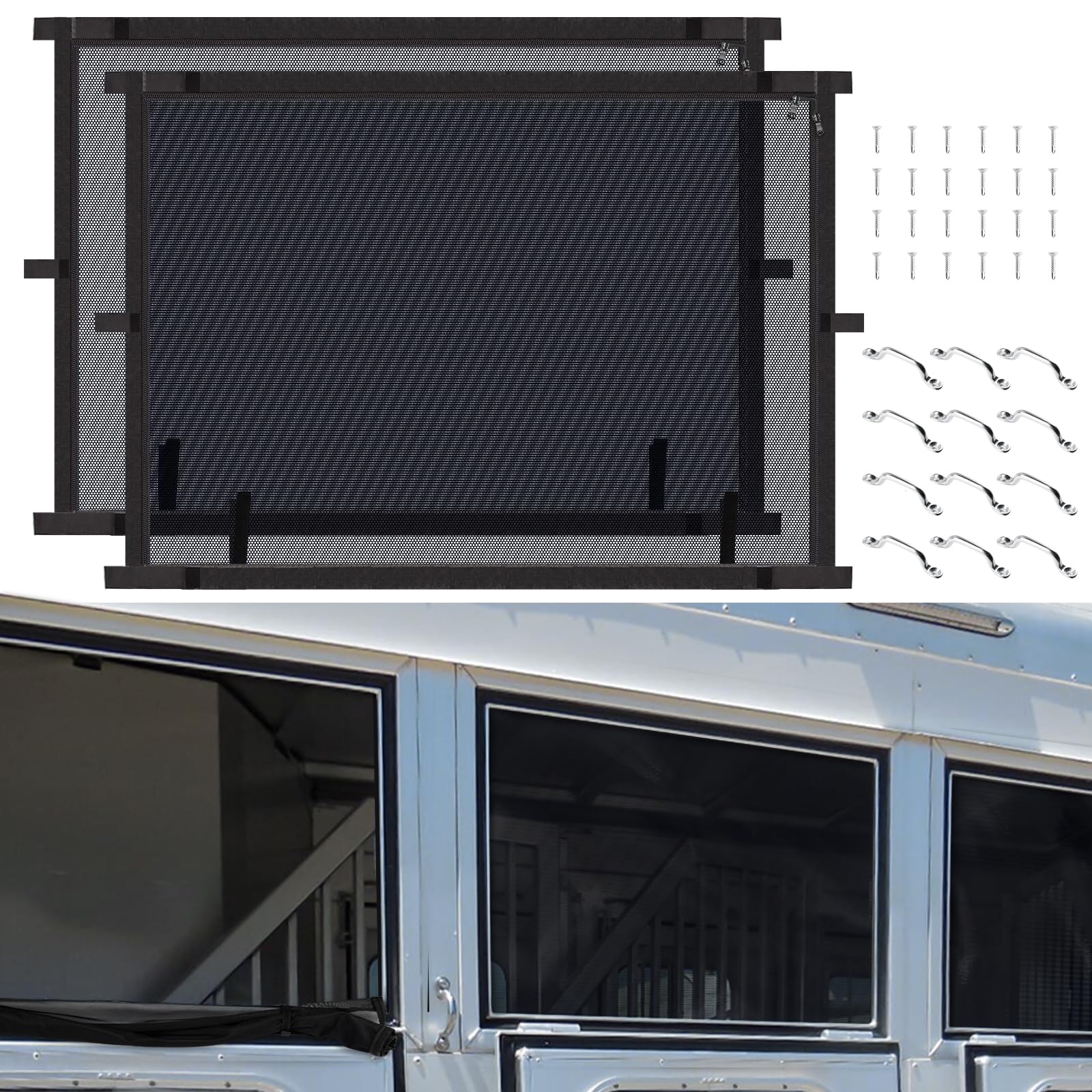 Photo 1 of JDMON Horse Trailer Window Screen with Zipper 35 In Length x 26 In Heigh With Fixing Handle * 12 Screws * 24 Trailer Bar Window Screen (2PCS)