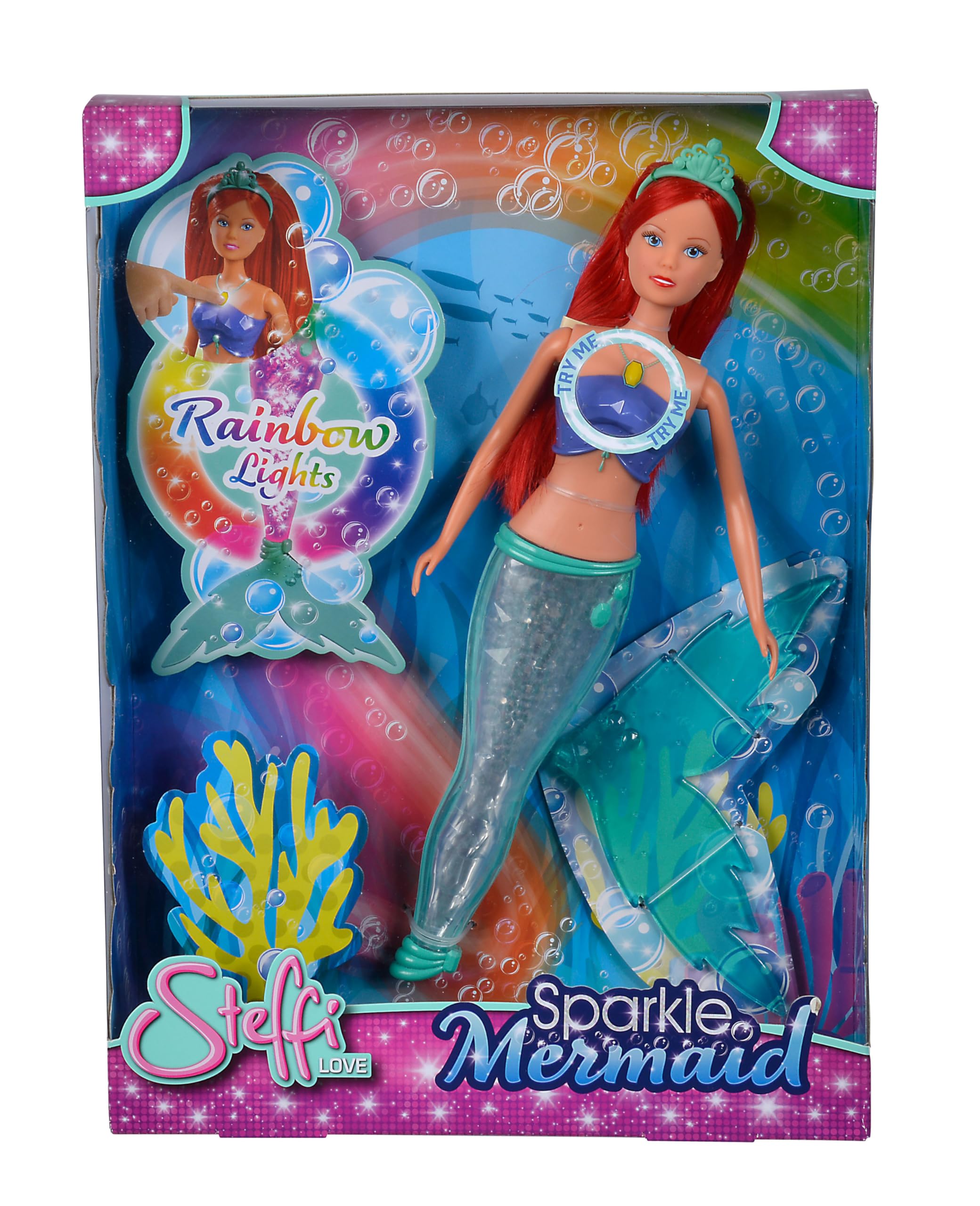 Simba 105733656 - Steffi LOVE doll Sparkle Mermaid (39 cm) - sparkling mermaid with bright rainbow color change, water-suitable toy for children aged 3 and up, multicoloured