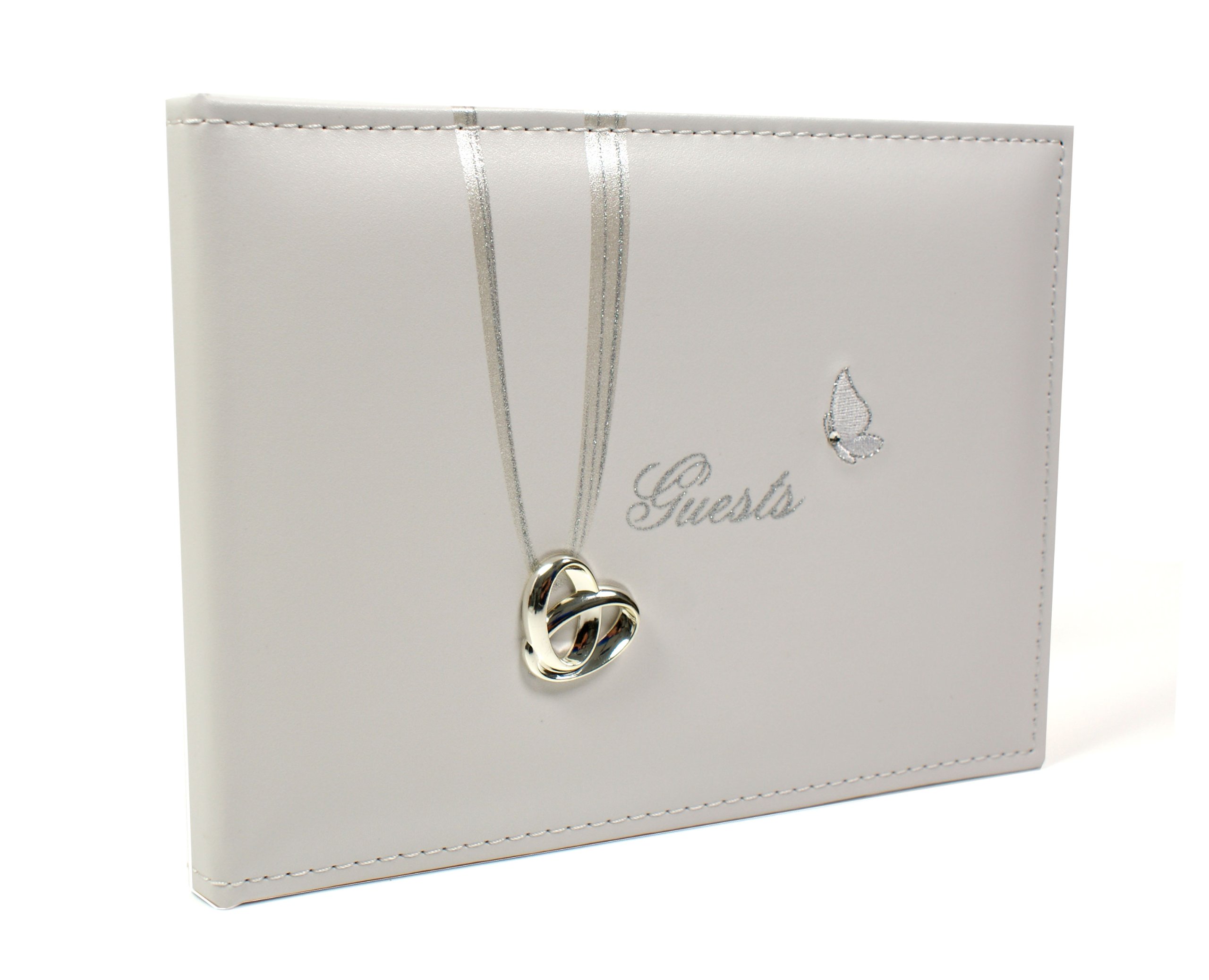 Cream Leather Wedding Guest Book With Ring and Butterfly 40 Pages