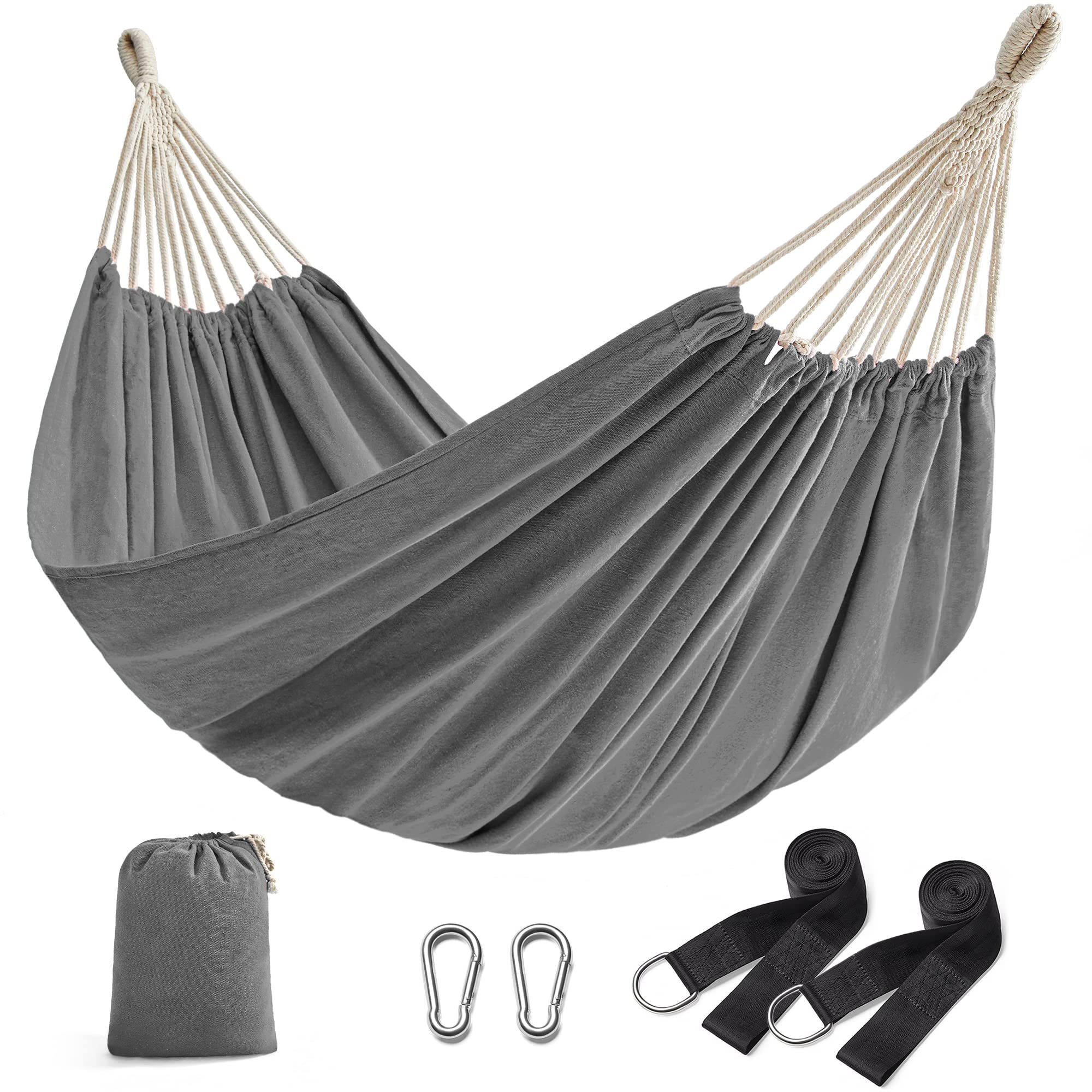SONGMICS Hammock, 210 x 150 cm, Double Hammock, 300 kg Load Capacity, for Terrace, Balcony, Garden, Outdoor, Camping, with Carry Bag, Fastening Straps and Carabiners, Grey GDC15GY