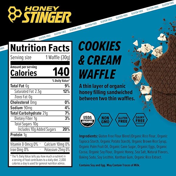 HONEY STINGER ORGANIC GLUTEN FREE COOKIES & CREAM WAFFLE | ENERGY STROOPWAFEL FOR EXERCISE, ENDURANCE AND PERFORMANCE | SPORTS NUTRITION FOR HOME & GYM, PRE & DURING WORKOUT | 16 WAFFLES, 16.96 OUNCE