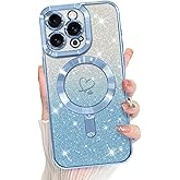Bonoma Compatible with iPhone 15 Pro Case Support for MagSafe, Plating Heart Glitter Magnetic 2* Screen Protector TPU Camera Protection Back Cover for Girls Women -Blue