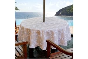 ColorBird Elegant Moroccan Outdoor Tablecloth Waterproof Spillproof Polyester Fabric Table Cover with Zipper Umbrella Hole for Patio Garden Tabletop Decor (60" Round, Zippered, Khaki)