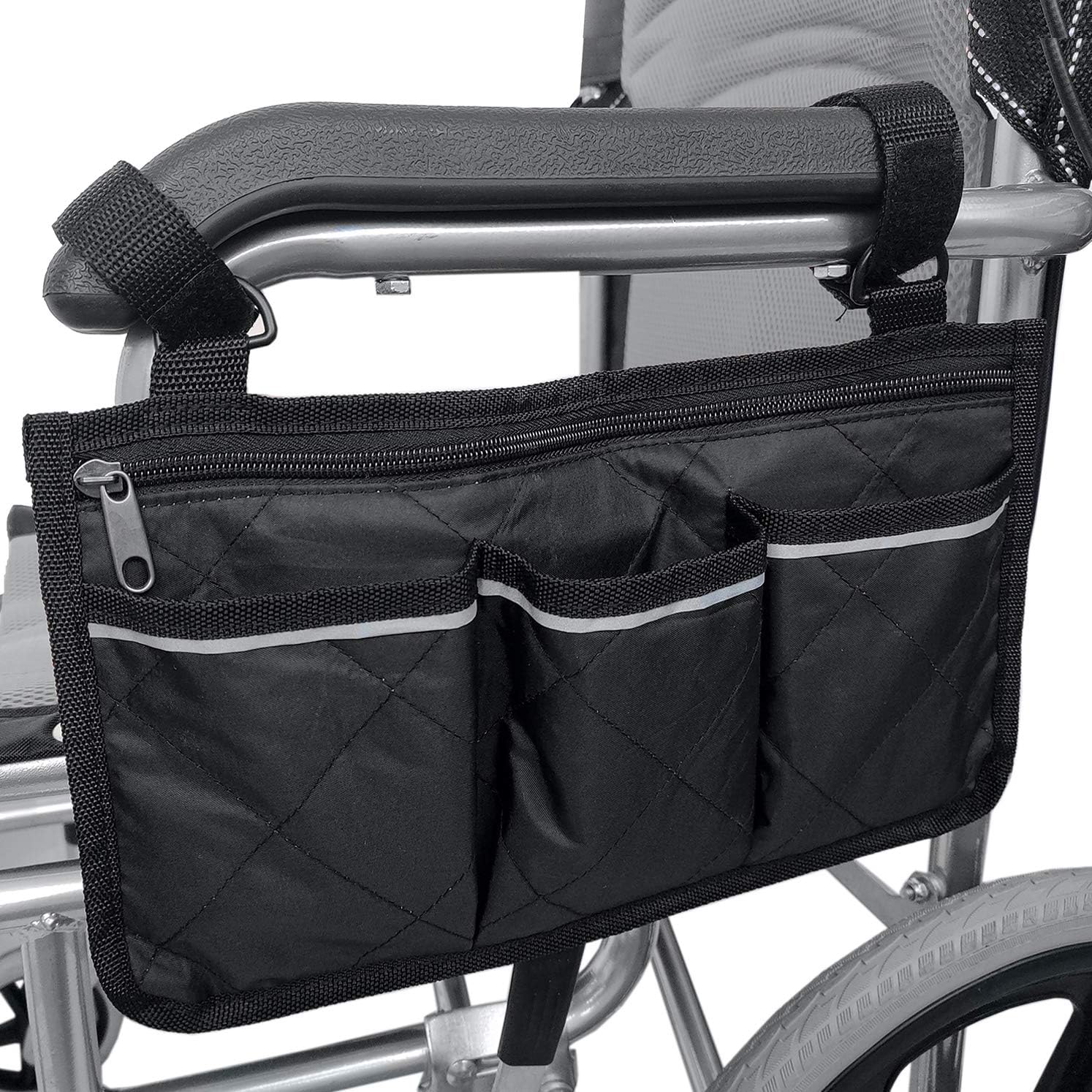 Wheelchair Side Bag with Pouches and Reflective Stripe, Wheelchair Armrest Side Organizer for Electric Wheelchairs, Manual Wheelchairs Lightweight and Easy to Use (Black): Health & Personal Care