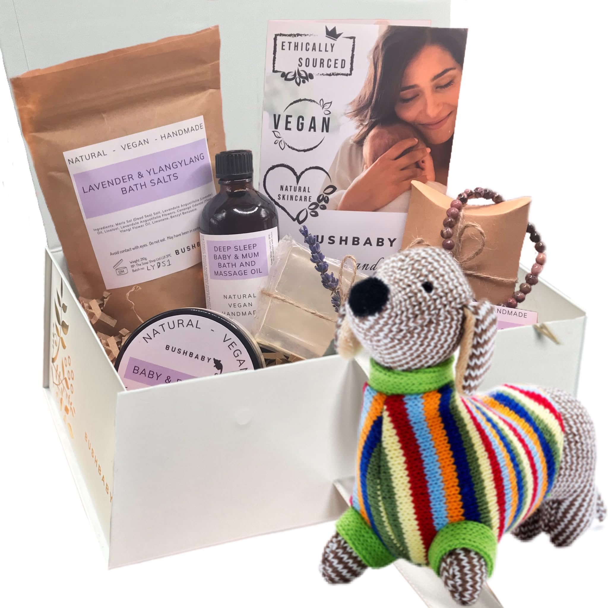 BUSHBABY Natural Vegan Gender Reveal Baby Gift, Mum and Baby Pamper Kit, Ethically Sourced Pregnancy Shower Gifts for Mum Expecting, Mom Maternity Newborn Essentials (Sausage Dog White Box)
