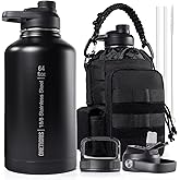 ONETIGRIS Tactical Half Gallon Water Bottle with Straw - 64 oz Vacuum Insulated Stainless Steel Water Jug, Leakproof Sport Bottle with 3 BPA Free Lids, Paracord Handle & MOLLE Water Pouch for Outdoor