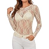 OFEEFAN Womens Mesh Tops Lace Long Sleeve Shirts Crewneck Slim Fitted Outfits See Through Blouses