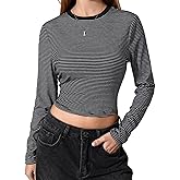 Milumia Women's Retro Fitted Long Sleeve Striped T Shirt Colorful Ribbed Crew Neck Fall Crop Top