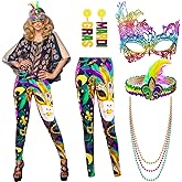 Hicarer 8 Pcs Mardi Gras Costume Accessories for Women Mardi Gras Leggings Pants Necklace Mask for Mardi Gras Party Outfit